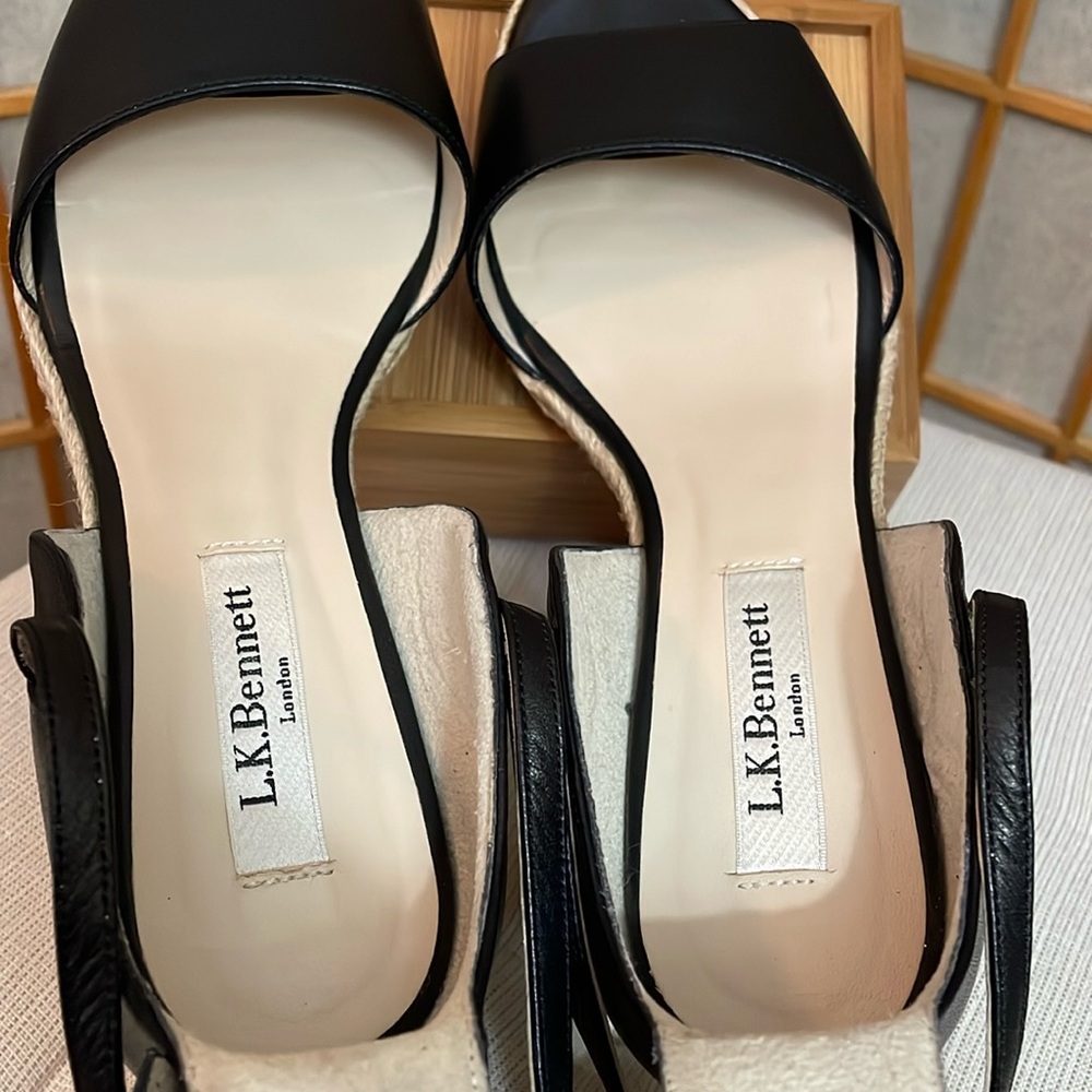 L.K. Bennett Black Leather Nellie Peep Toe Espadrille Wedge Heel EU 37.5 /US 7 - Picture 11 of 16